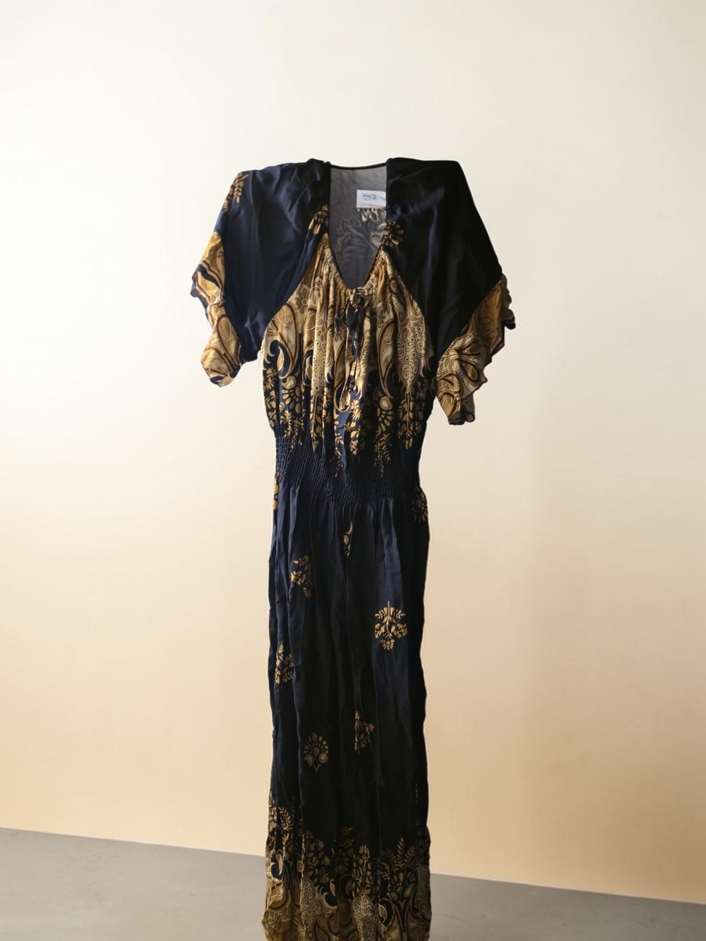 Seven Island Navy and Gold Paisley V-Neck Maxi Dress 3x